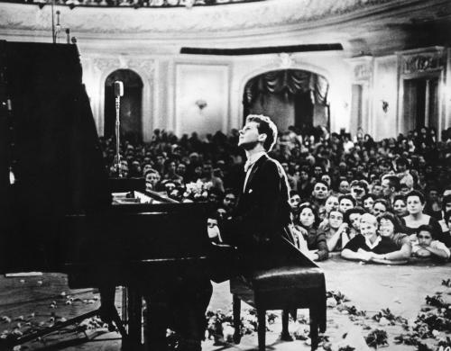 Van Cliburn performing in the Great Hall of the Moscow Conservatory during the First Tchaikovsky International Competition in 1958